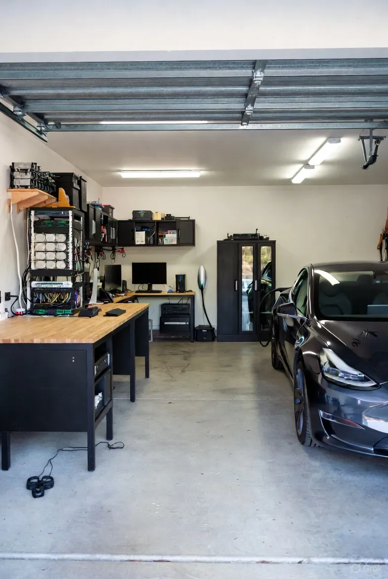 Garage conversion with workbench and EV charger
