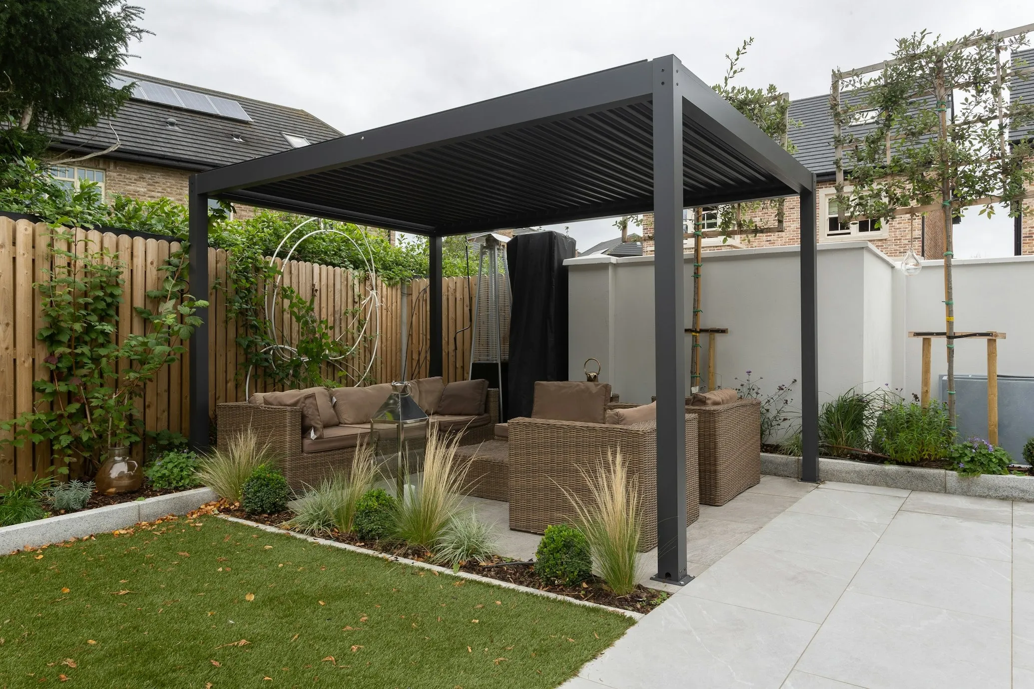 Covered outdoor living space with seating area